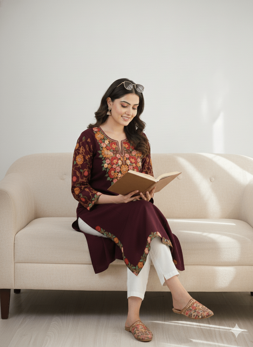 Wine Floral Aari Embroidered Kashmiri Pheran