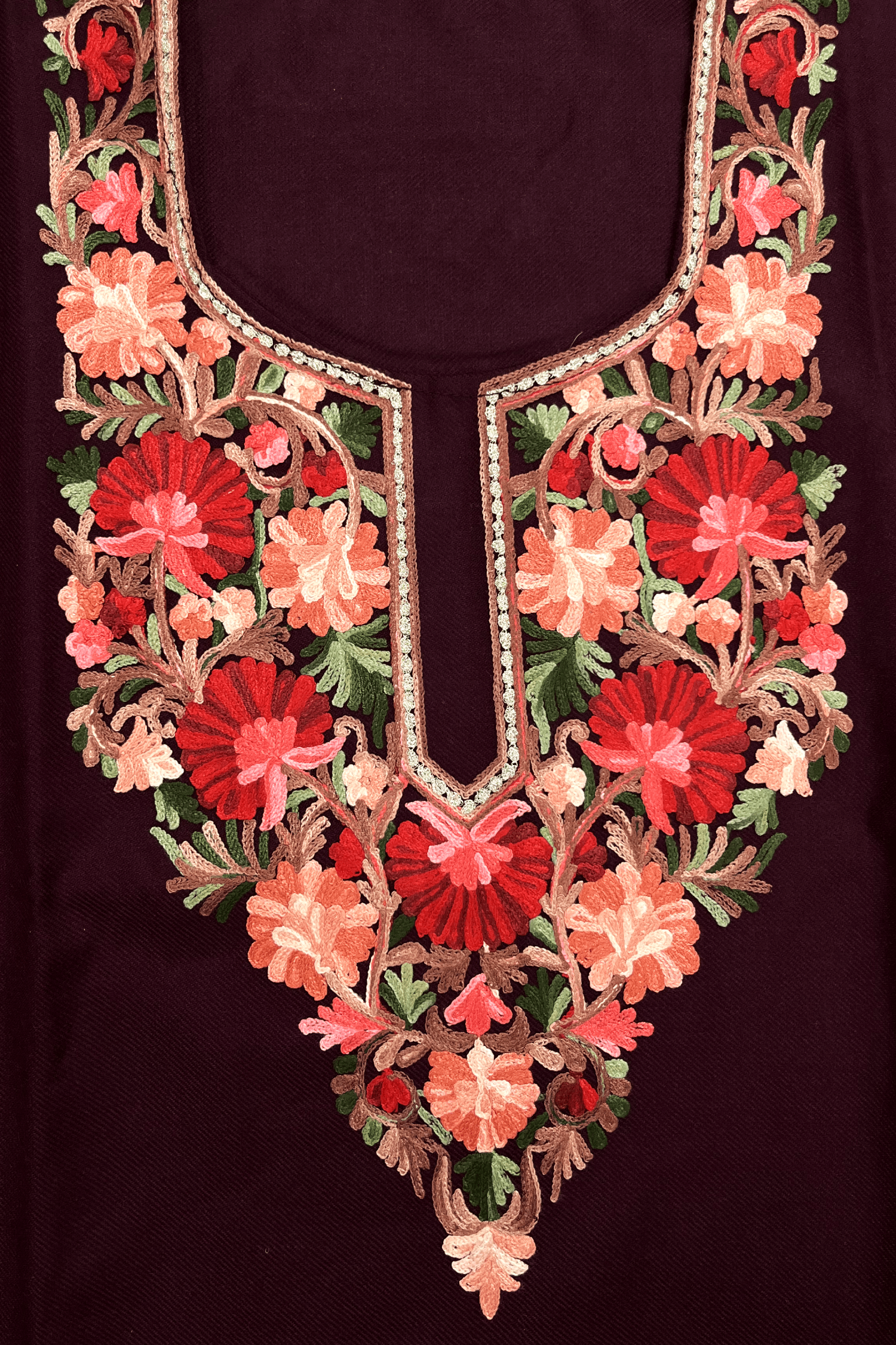 Wine Floral Aari–Tilla Embroidered Kashmiri Pheran
