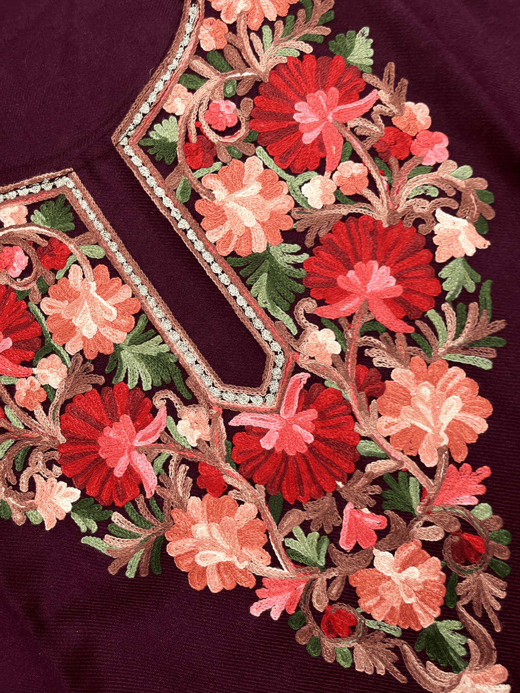 Wine Floral Aari–Tilla Embroidered Kashmiri Pheran