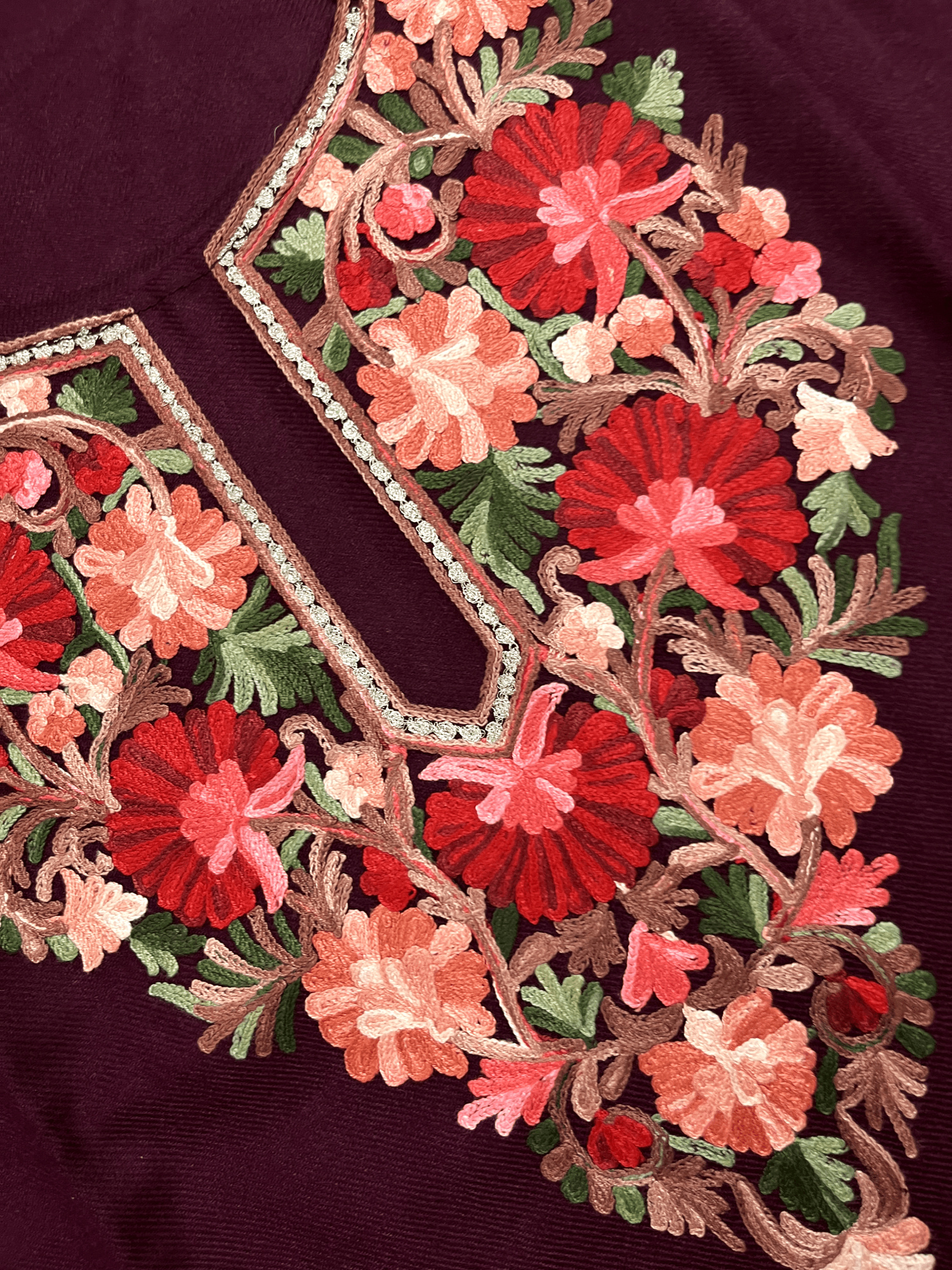 Wine Floral Aari–Tilla Embroidered Kashmiri Pheran
