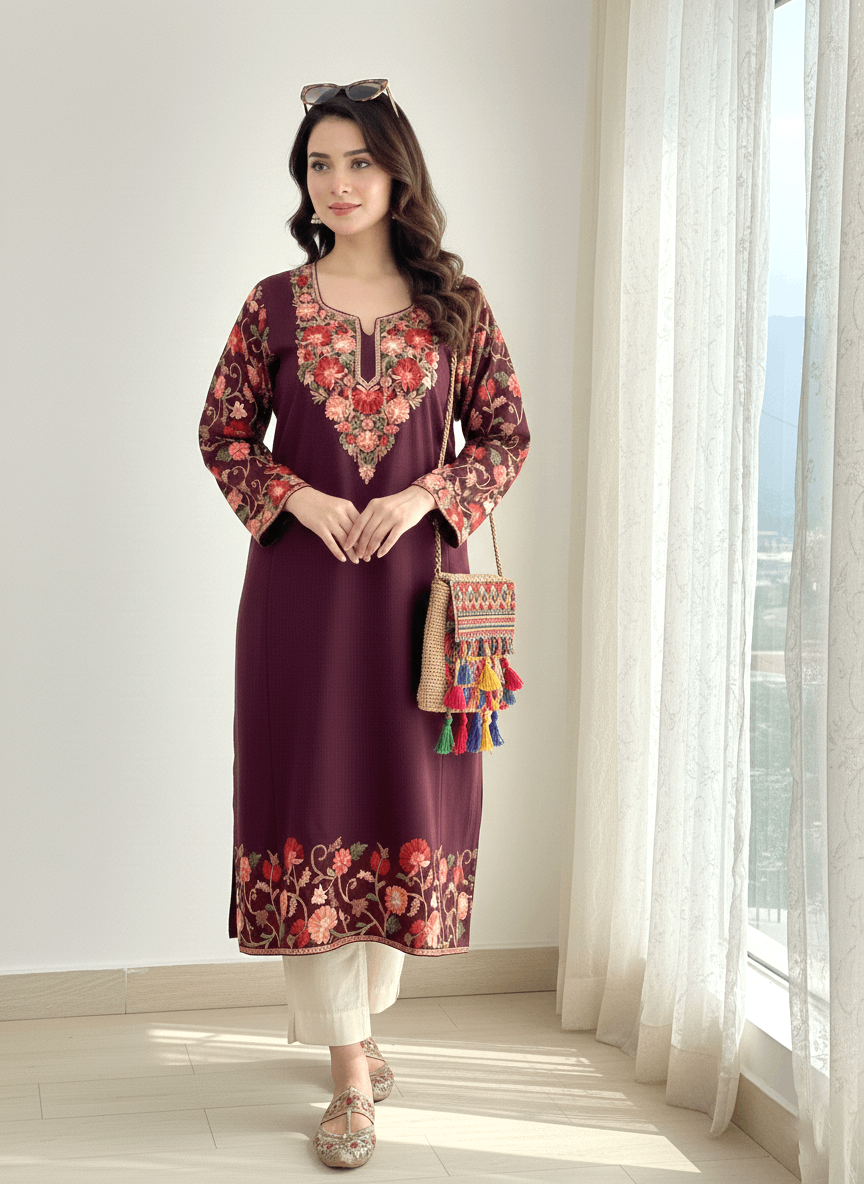 Wine Floral Aari–Tilla Embroidered Kashmiri Pheran
