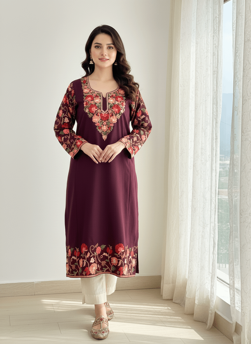 Wine Floral Aari–Tilla Embroidered Kashmiri Pheran