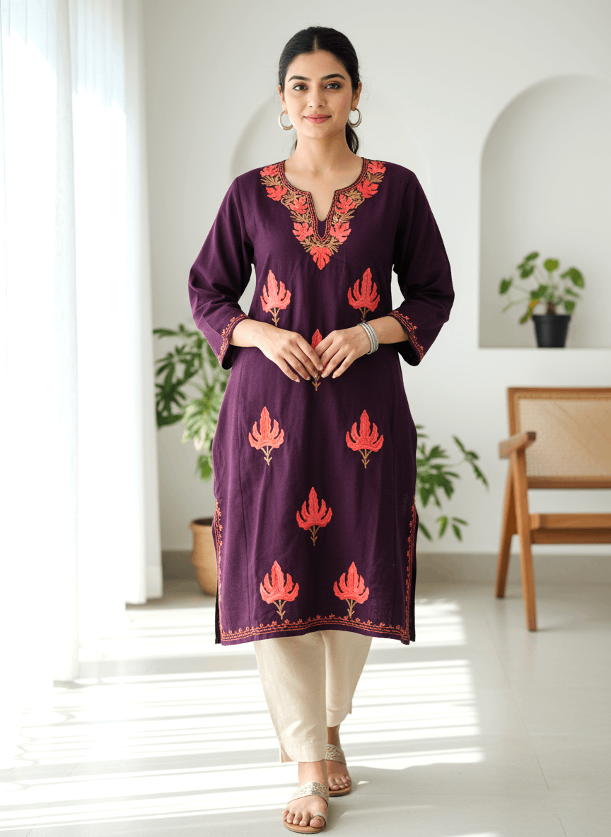 Wine Embroidered Kashmiri Pheran