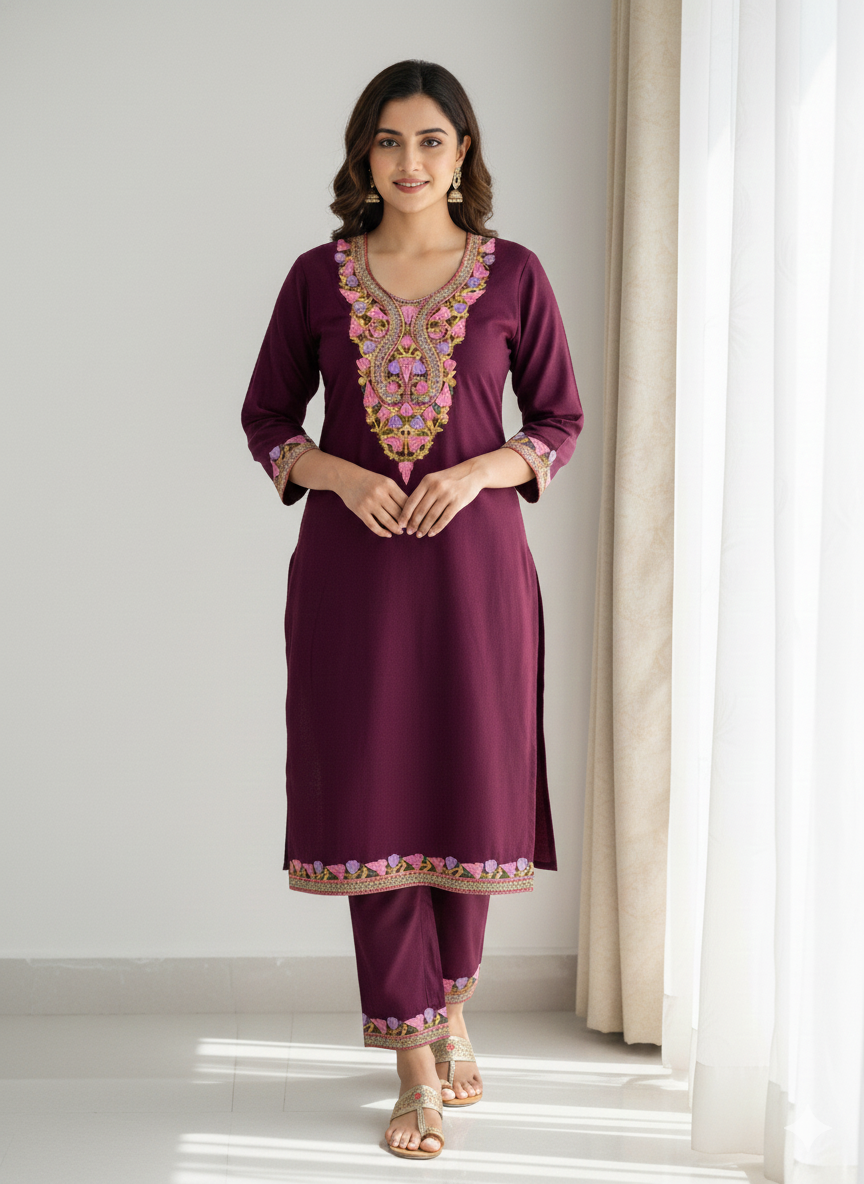 Wine Aari-Tilla Embroidered Kashmiri Co-ord set