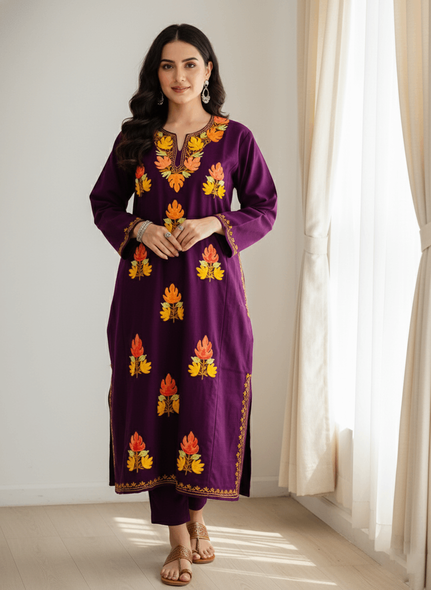 Wine Boti Aari Embroidered Kashmiri Pheran