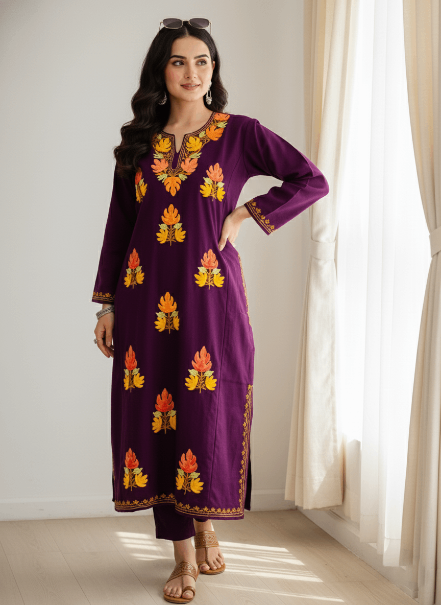 Wine Boti Aari Embroidered Kashmiri Pheran