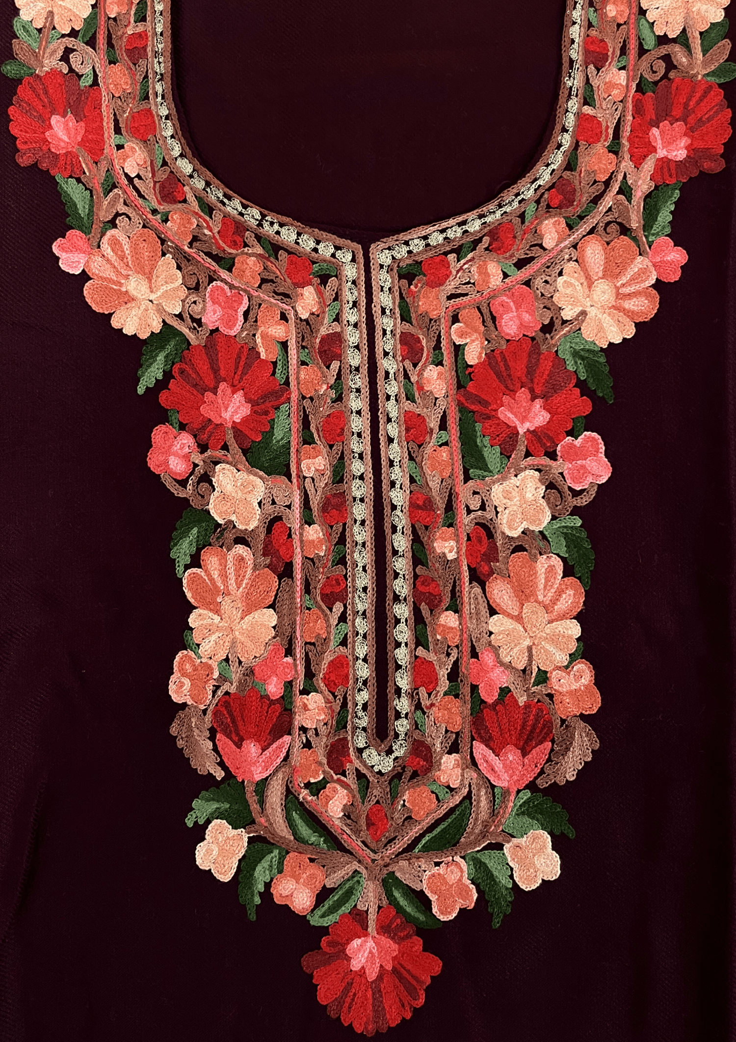 Wine & Red Floral Aari Embroidered Kashmiri Coord Set