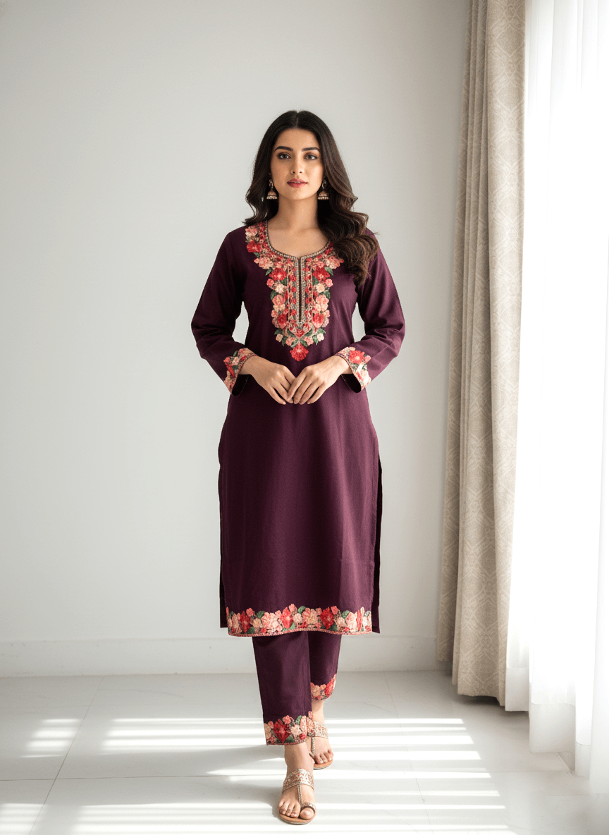 Wine & Red Floral Aari Embroidered Kashmiri Coord Set