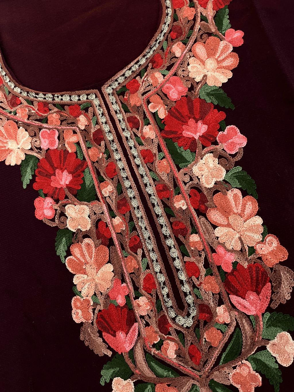 Wine & Red Floral Aari Embroidered Kashmiri Coord Set