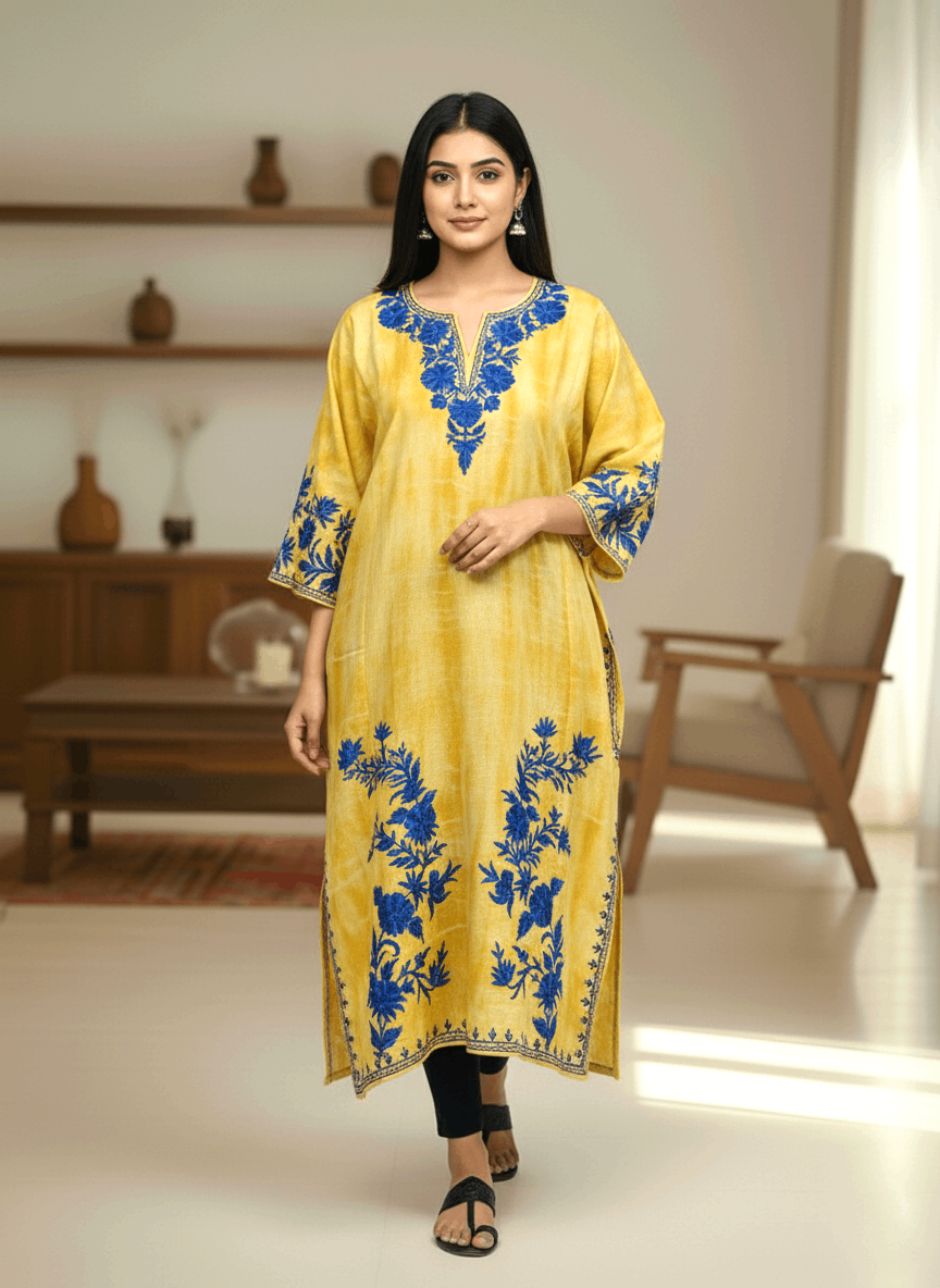 Yellow & Blue Embroidered Kashmiri Pheran