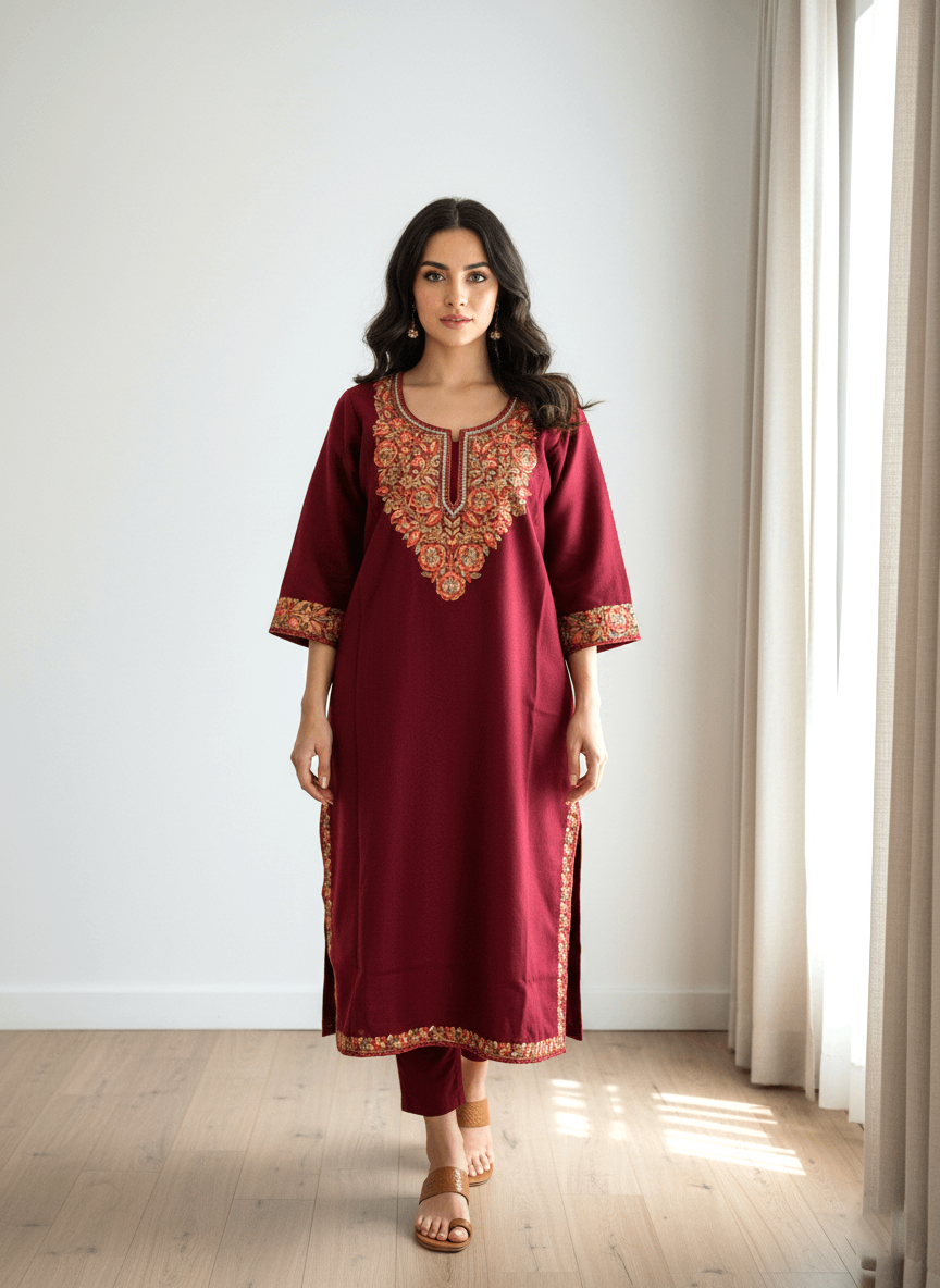 Zar-e-Maroon Aari Tilla Embroidered Kashmiri Pheran