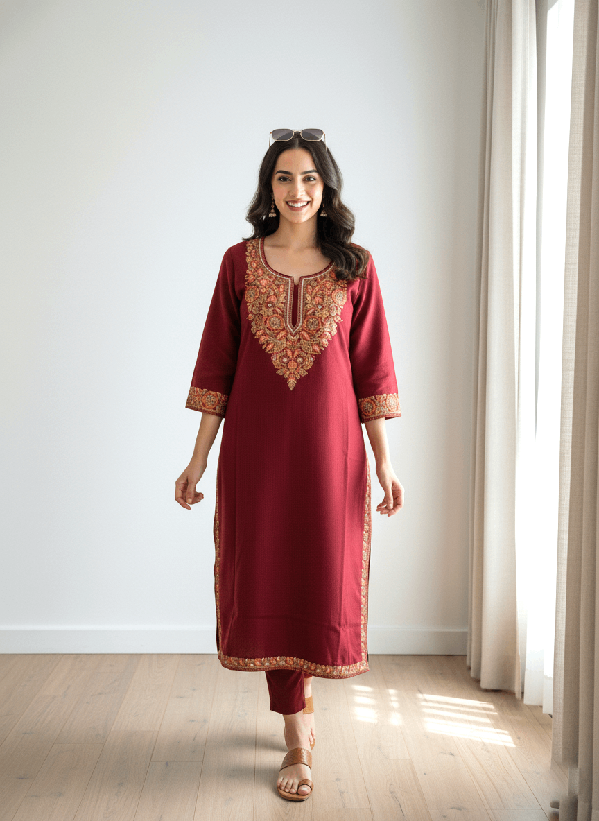 Zar-e-Maroon Aari Tilla Embroidered Kashmiri Pheran