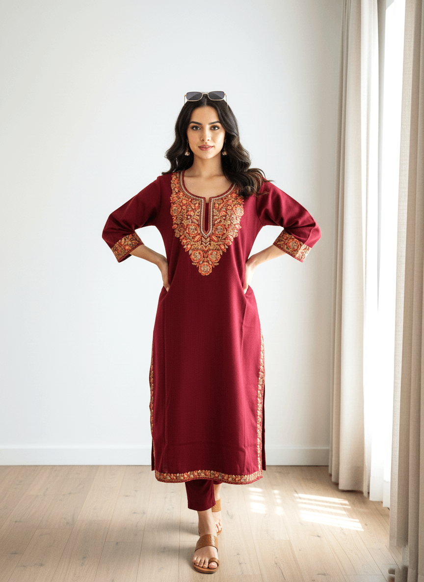 Zar-e-Maroon Aari Tilla Embroidered Kashmiri Pheran