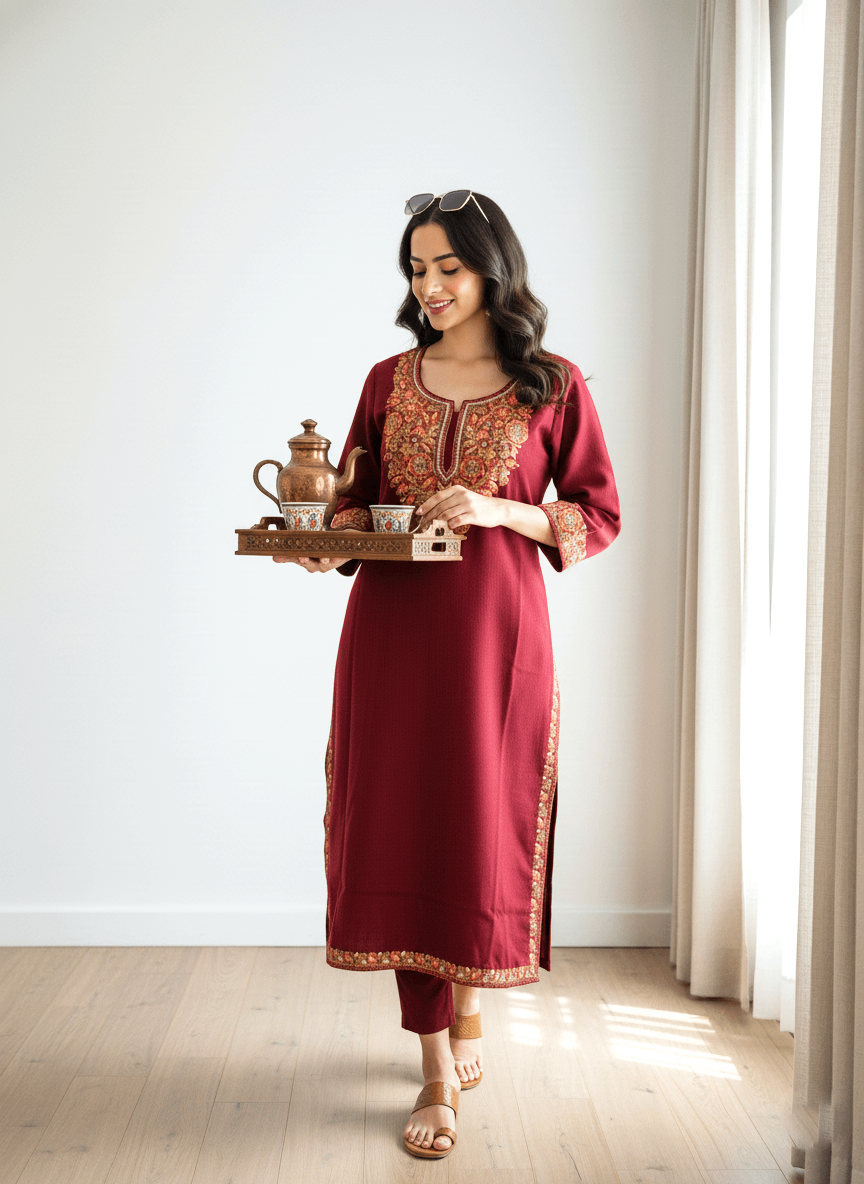 Zar-e-Maroon Aari Tilla Embroidered Kashmiri Pheran