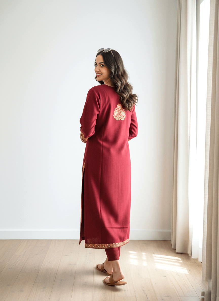 Zar-e-Maroon Aari Tilla Embroidered Kashmiri Pheran