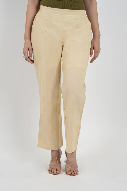 Beige Women Wide Leg Cotton Pant