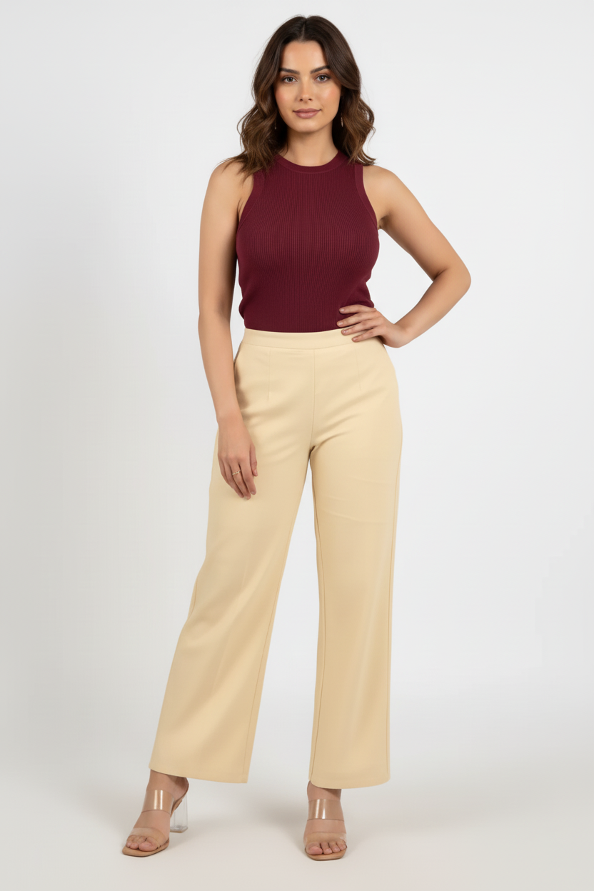 Beige Women Wide Leg Cotton Pant