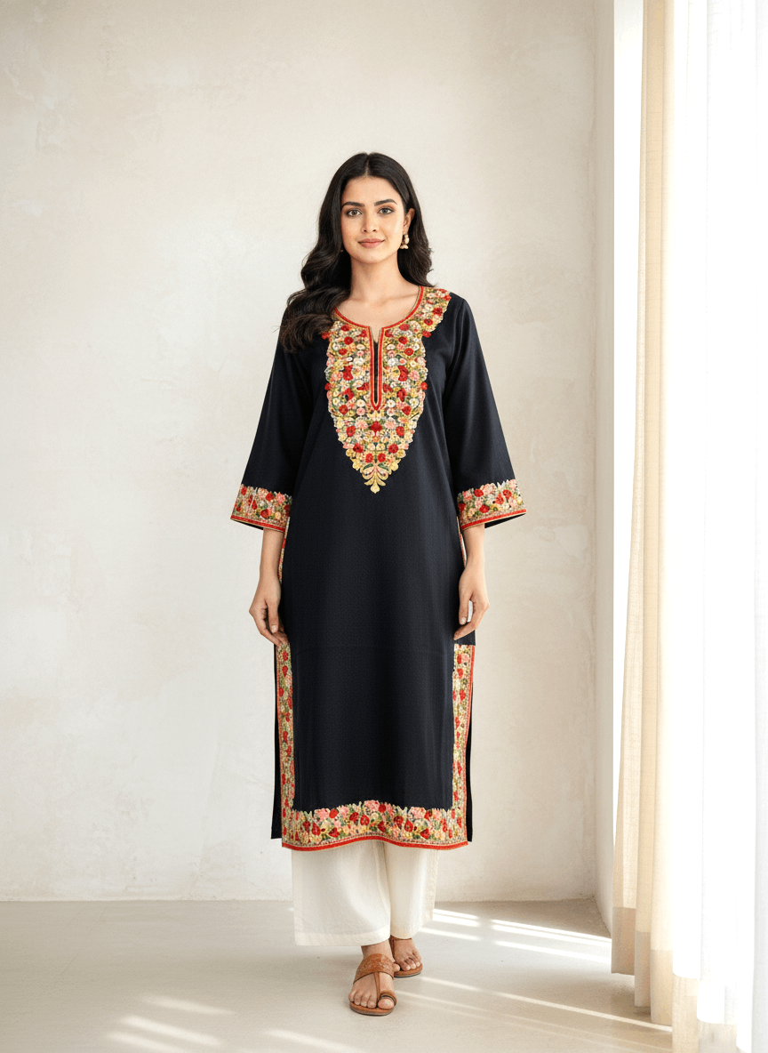 Black Multicolor Floral Embroidered Kashmiri Pheran