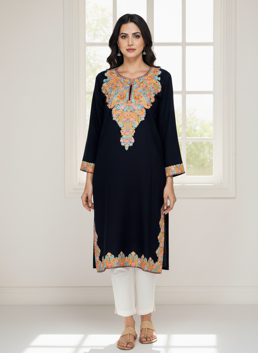 Black & Multicolor  Embroidered Kashmiri Pheran