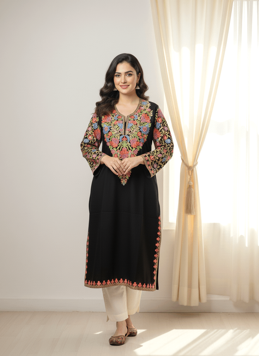Black Floral Embroidered Kashmiri Pheran