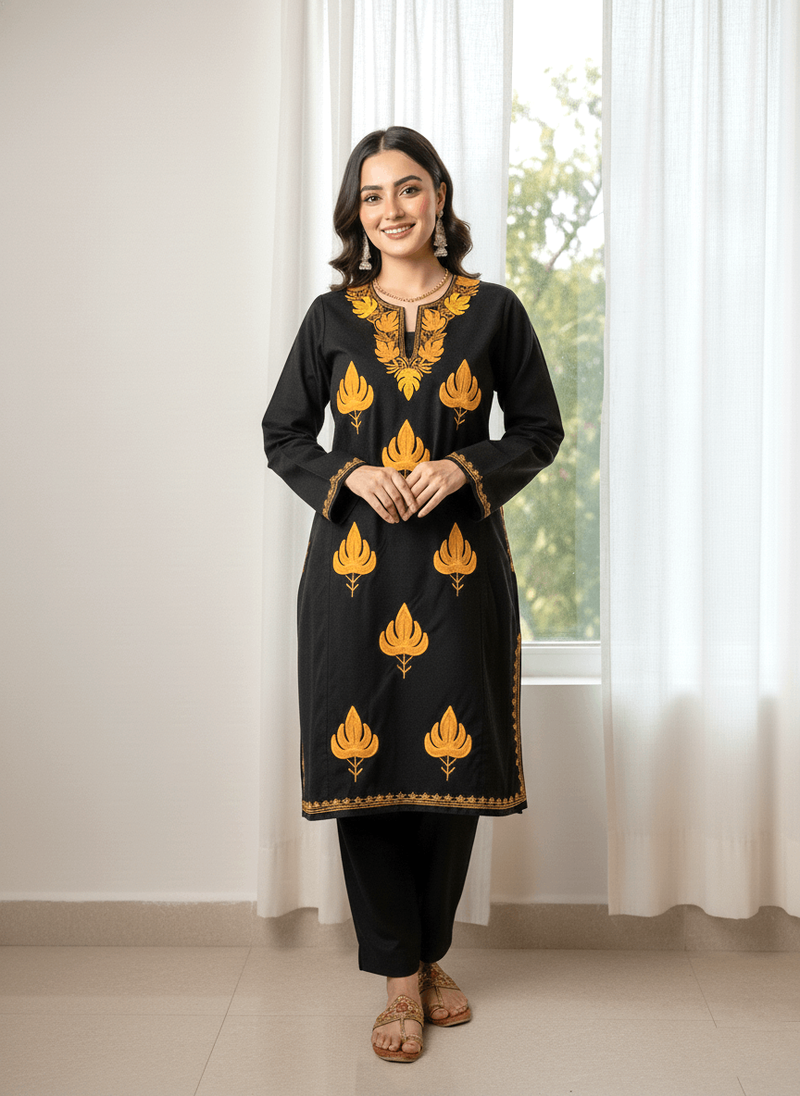 Black & Orange Floral Embroidered Kashmiri Pheran
