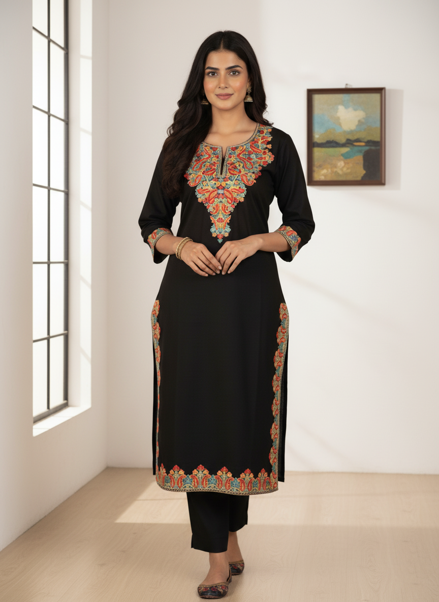 Black & Multicolor Embroidered Kashmiri Pheran