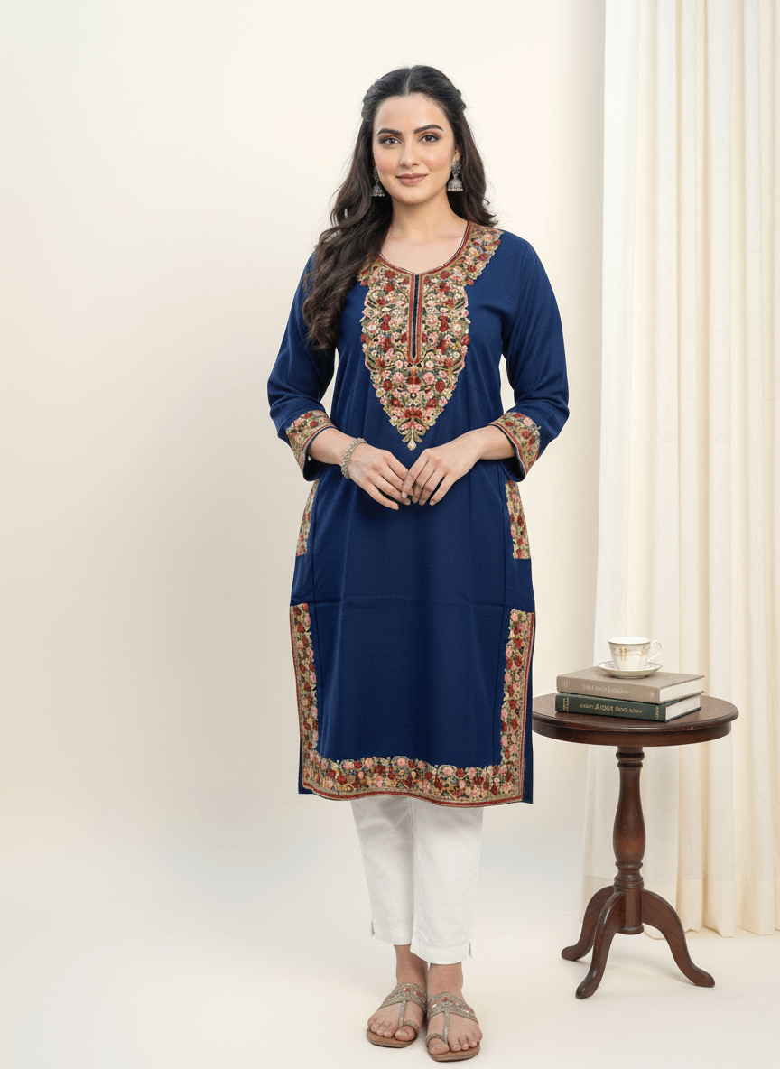 Navy Blue Floral Embroidered Kashmiri Pheran