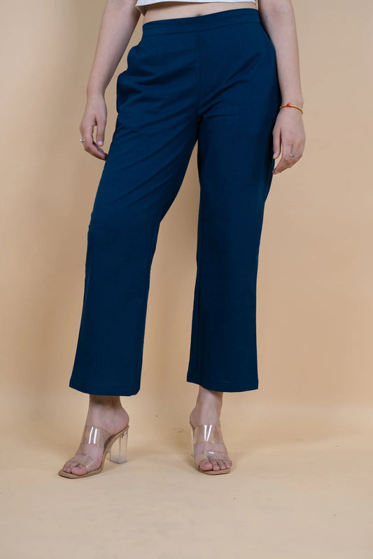 Blue Women Wide Leg Cotton Pant