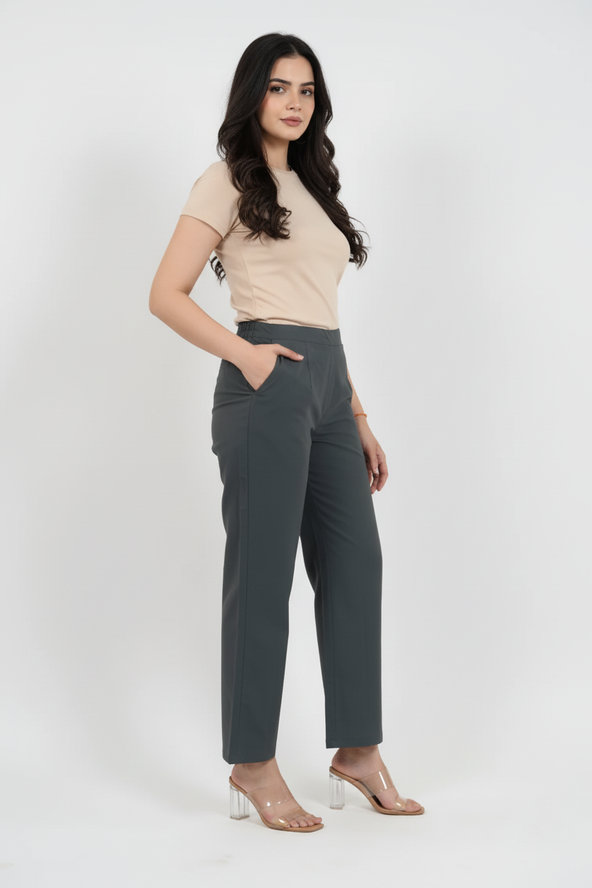 Charcoal Blue Women Wide Leg Cotton Pant