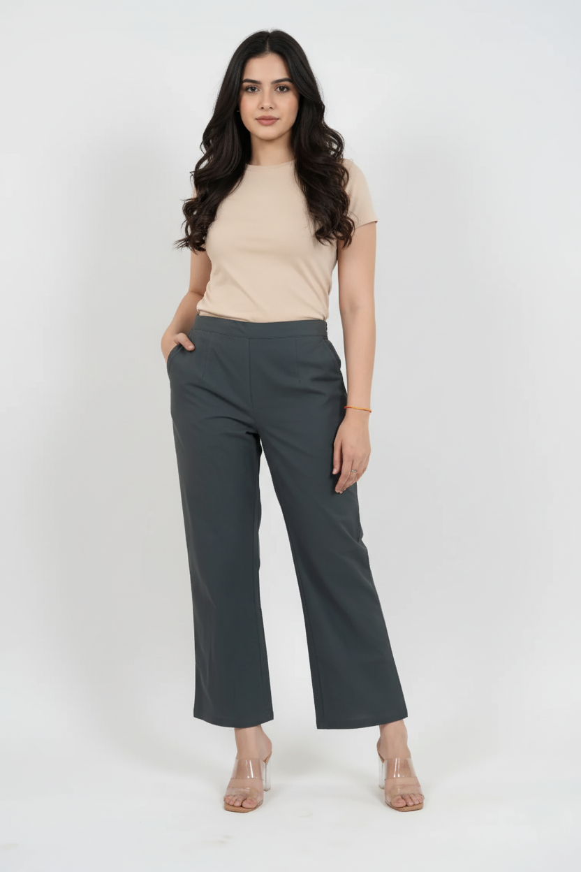 Charcoal Blue Women Wide Leg Cotton Pant