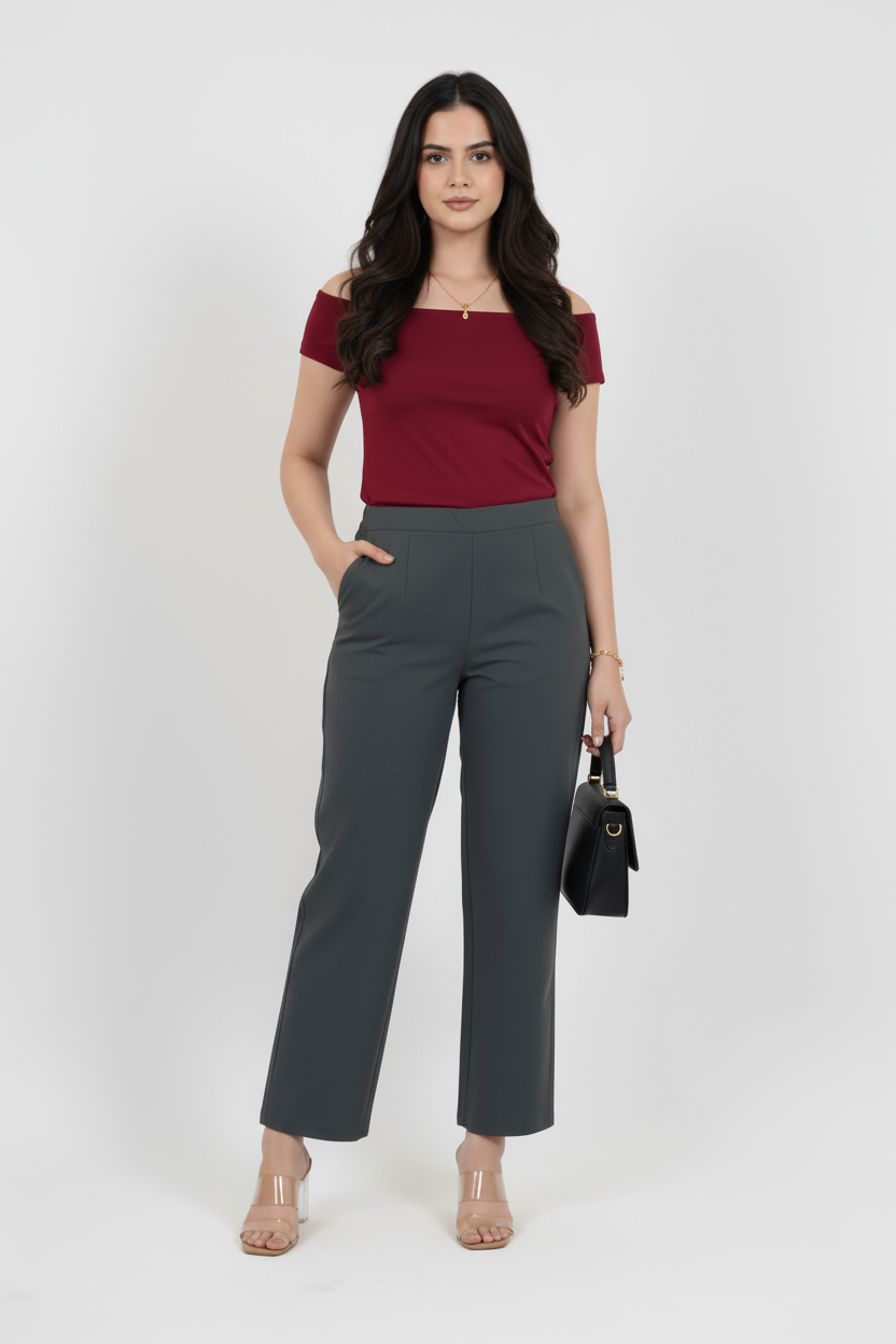 Charcoal Blue Women Wide Leg Cotton Pant