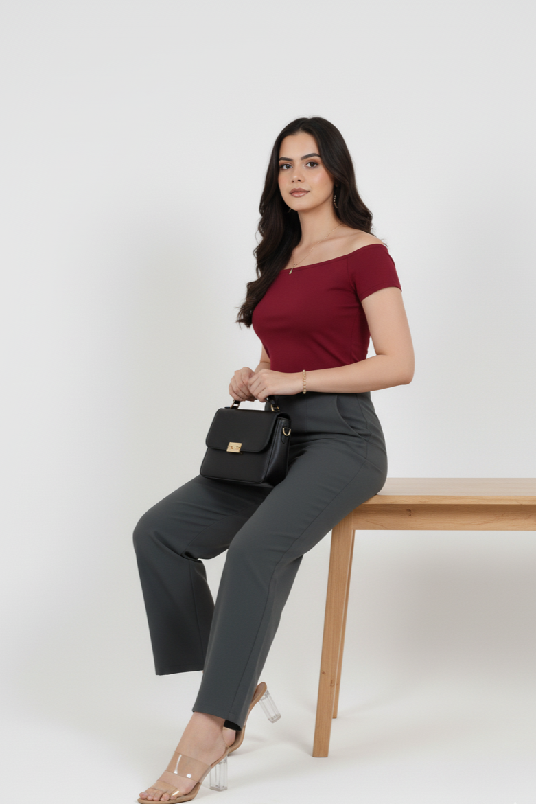 Charcoal Blue Women Wide Leg Cotton Pant