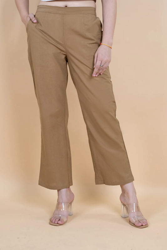 Coffee Brown Women Wide Leg Cotton Pant