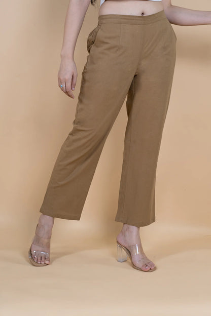 Coffee Brown Women Wide Leg Cotton Pant