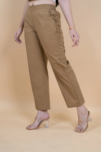 Coffee Brown Women Wide Leg Cotton Pant
