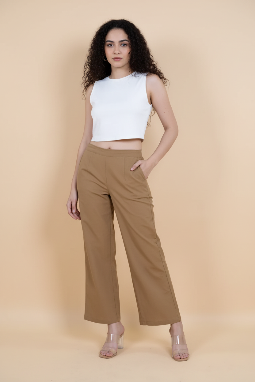 Coffee Brown Women Wide Leg Cotton Pant