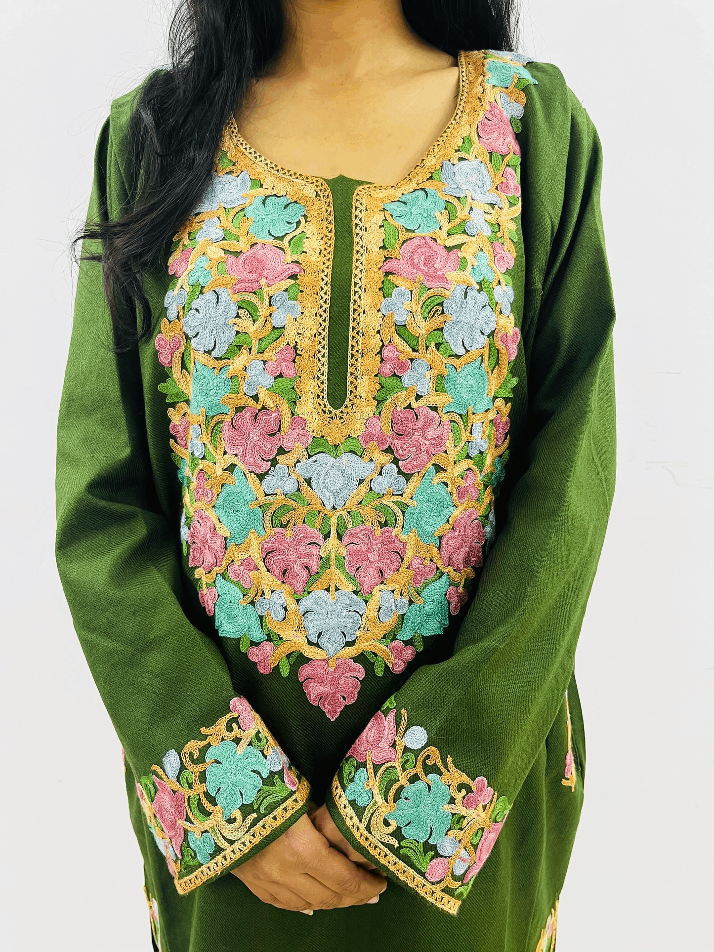 Forest Green Neck Design Aari Embroidered Phiran