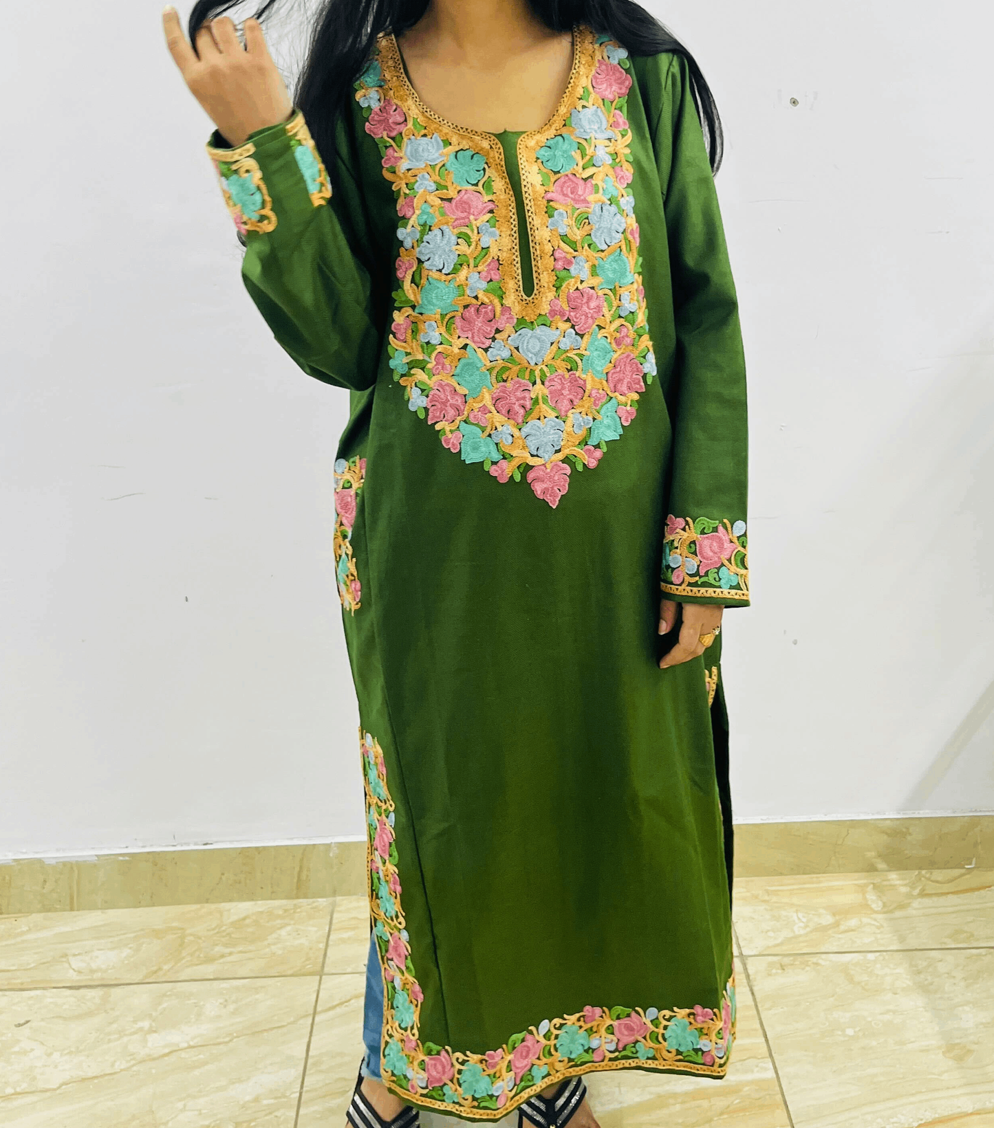 Forest Green Neck Design Aari Embroidered Phiran