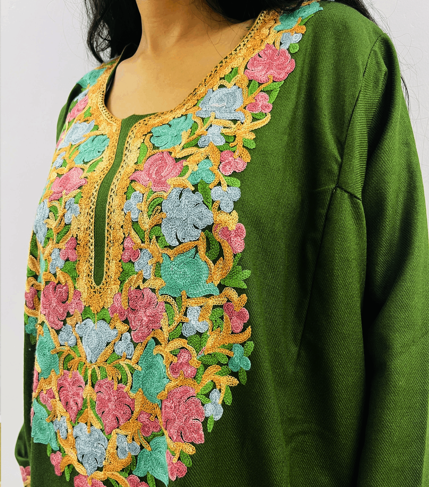 Forest Green Neck Design Aari Embroidered Phiran