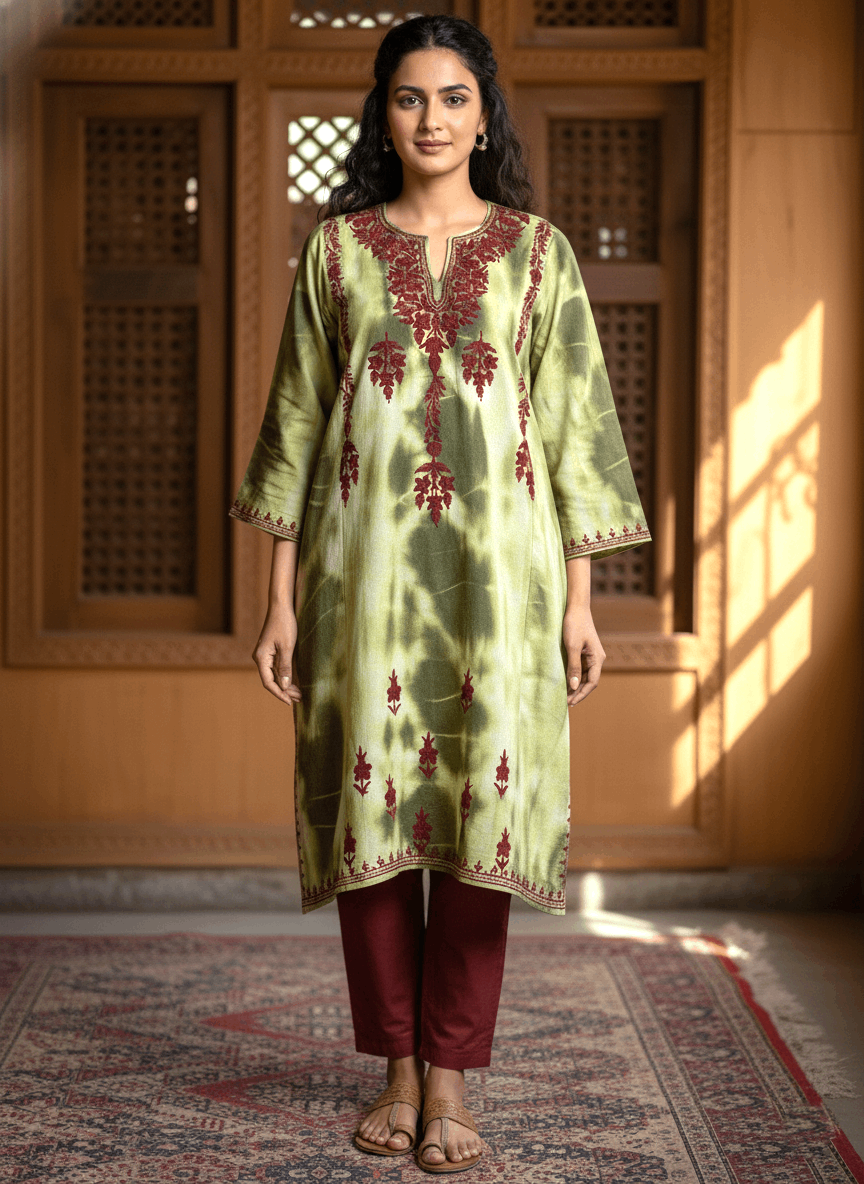 Green & Maroon Embroidered Kashmiri Pheran