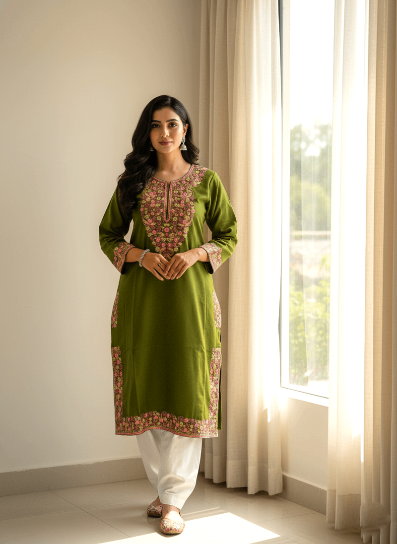 Olive Green Floral Embroidered Kashmiri Pheran