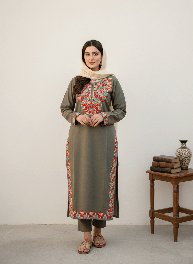 Grey Embroidered Kashmiri Pheran