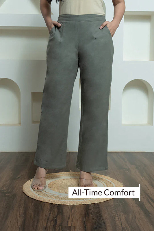Grey Women Wide Leg Cotton Pant