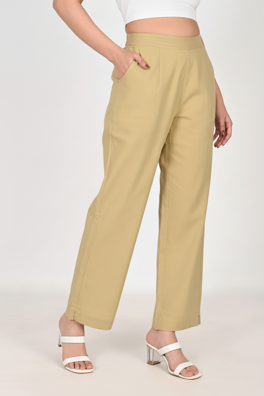 Light khakhi Women Wide Leg Cotton Pant