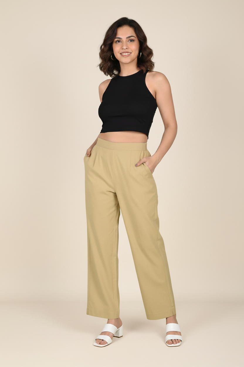 Light khakhi Women Wide Leg Cotton Pant