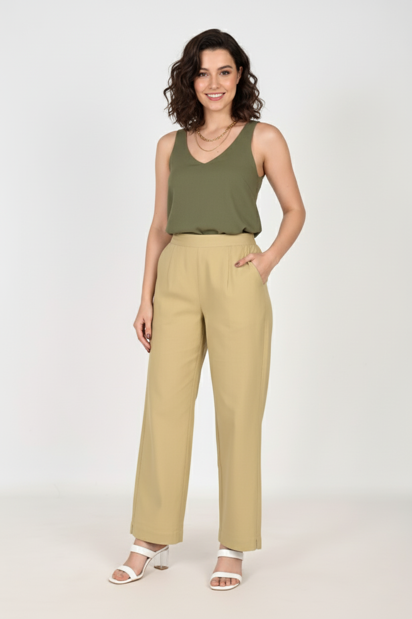 Light khakhi Women Wide Leg Cotton Pant