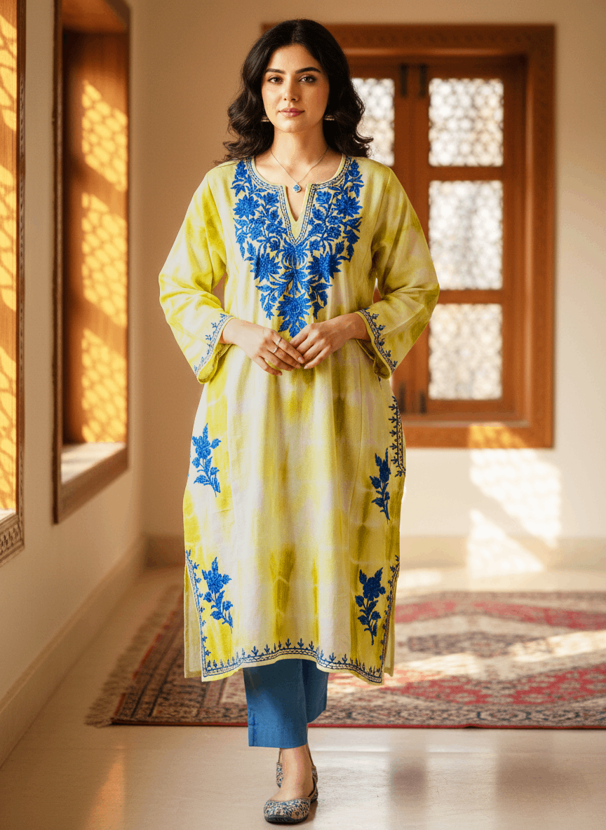 Lime green & Royal Blue Embroidered Kashmiri Pheran