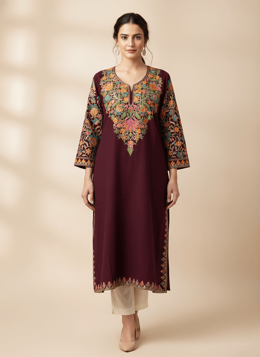 Maroon Floral Embroidered Kashmiri Pheran
