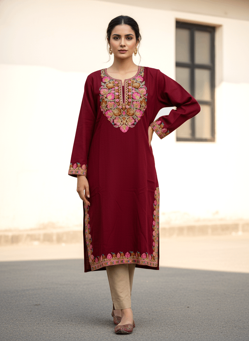 Maroon Floral Embroidered Kashmiri Pheran