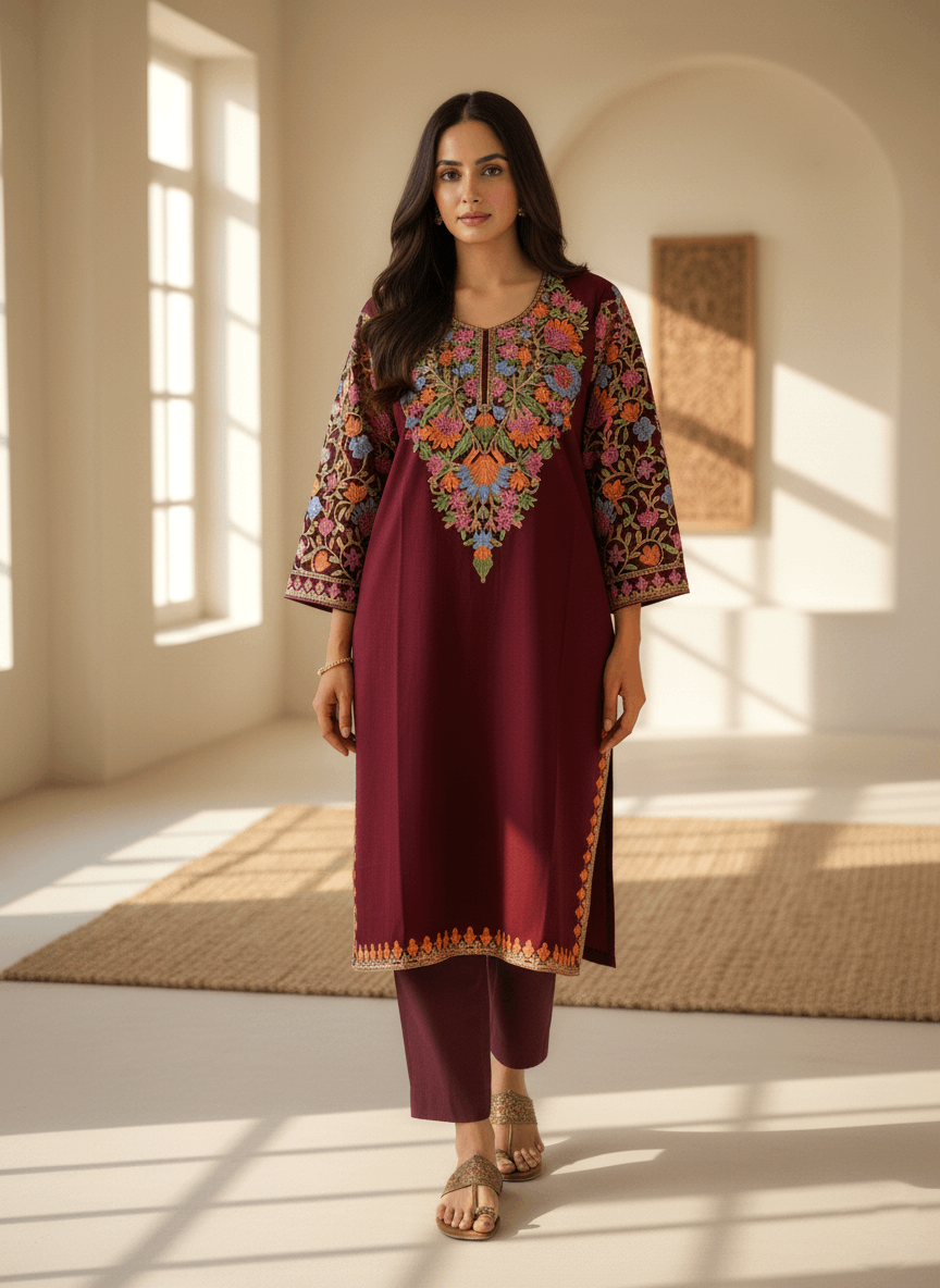 Maroon Floral Embroidered Kashmiri Pheran